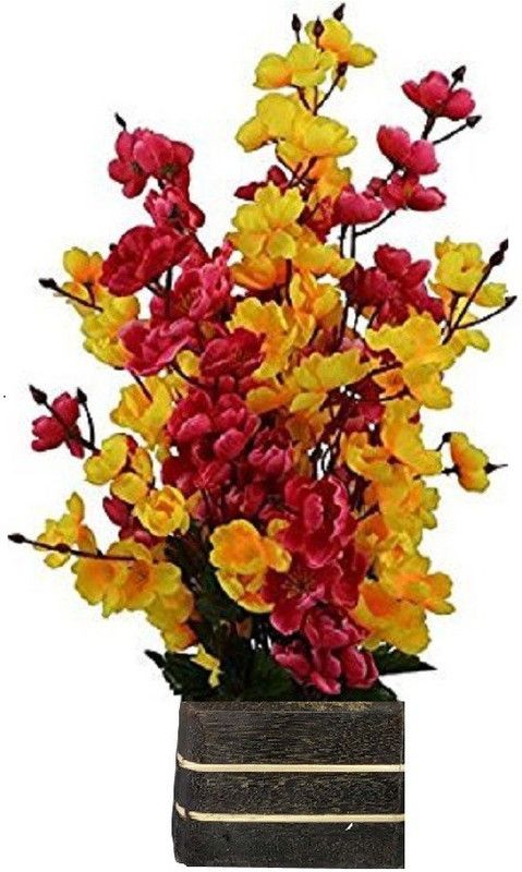 KOONIV Yellow, Red Orchids Artificial Flower with Pot  (16 inch, Pack of 1, Flower with Basket)