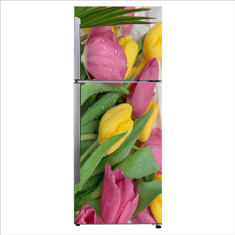 K2A Studio 60 cm Beautiful pink and yellow tulip flowers with green leaves fridge sticker Self Adhesive Sticker  (Pack of 1)