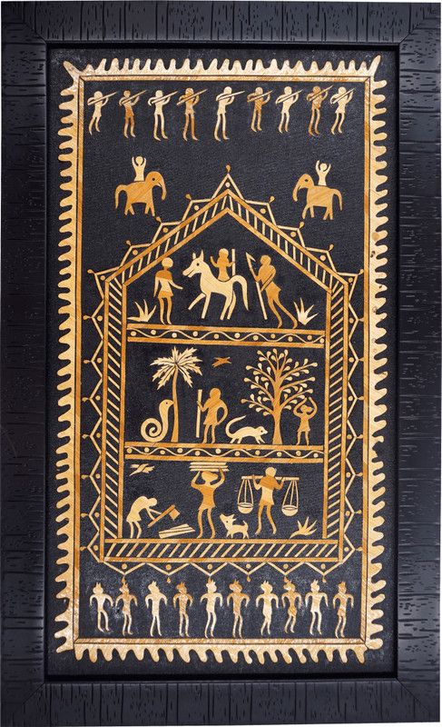 SHILP KATHA 100% Hand Made Texture Art Made Of Organic Material Wall Painting Framed For Home Decoration - Warli Art of Life Embossed 18 inch x 12 inch Painting  (With Frame)