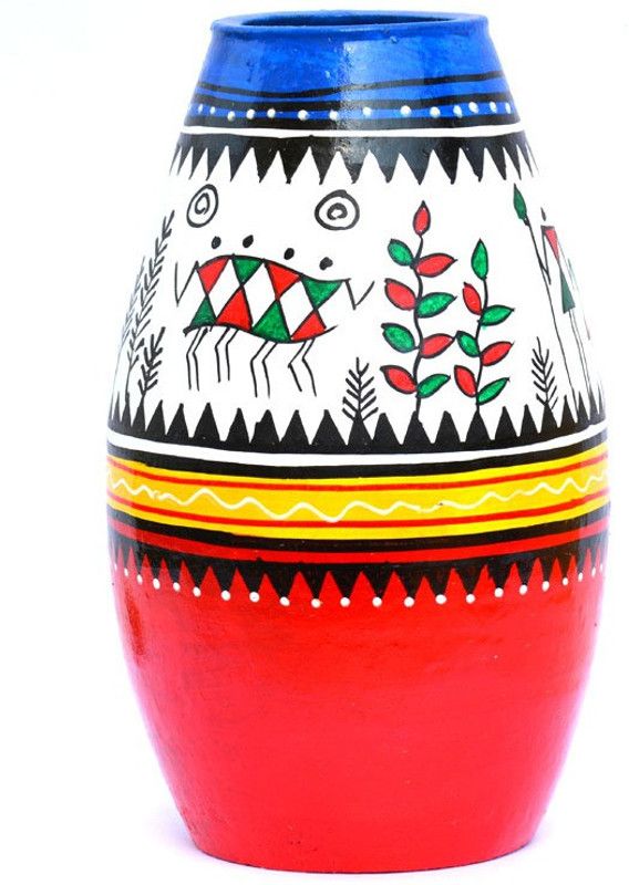 art godaam Hand painted Terracotta Vase  (8 inch, Multicolor)