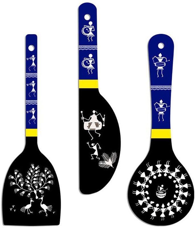 Artvibes Warli Art Decorative Wooden Wall Hanging Spoons Decor Item for Home (WH_5018N) Pack of 3  (17 inch X 15 inch, Black)