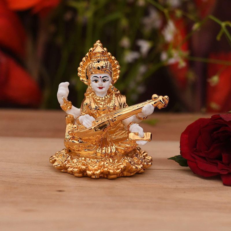 Collectible India Gold Plated Saraswati Murti Idol Statue - Goddess Saraswati Mata Car Dashboard Home Gift Showpiece Decorative Showpiece - 6.9 cm  (Clay, Gold, White)