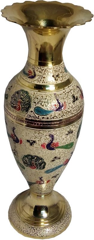MOZO HUB MOZO HUB Brass Hand Crafted Jar pattern White Flower Vase 30 cm Brass Vase  (13 inch, White)