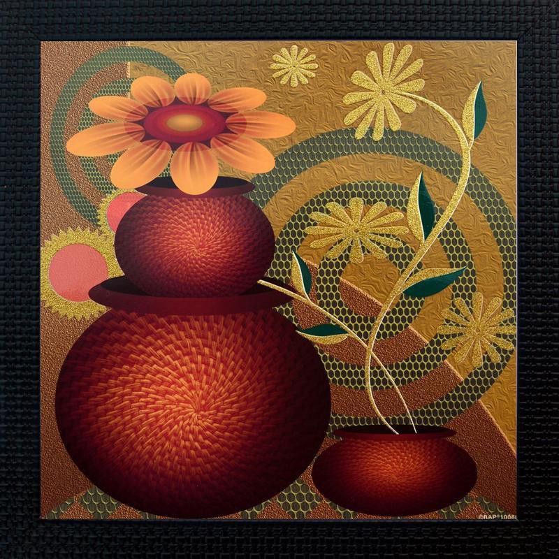 Janki Flower Pot Multi Effect Taxture Wall Hanging Canvas 14 inch x 14 inch Painting  (With Frame)