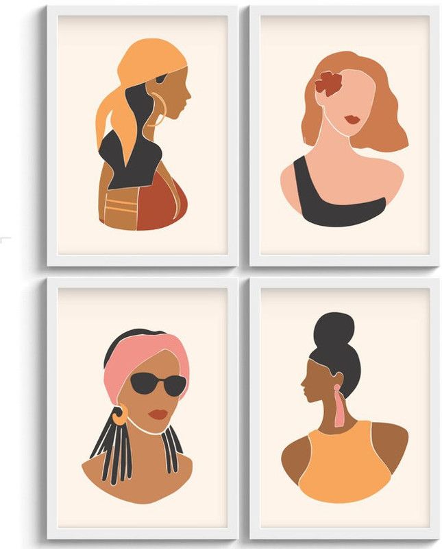 SC CREATIVES Set of 4 Silhouette Women Face Framed Art Prints Painting with Plexi Glass Inches Wall Art Gift Posters for Wall Decor Wall Hangings - White Frame | Ready To Hang Digital Reprint 12 inch x 9 inch Painting  (With Frame, Pack of 4)