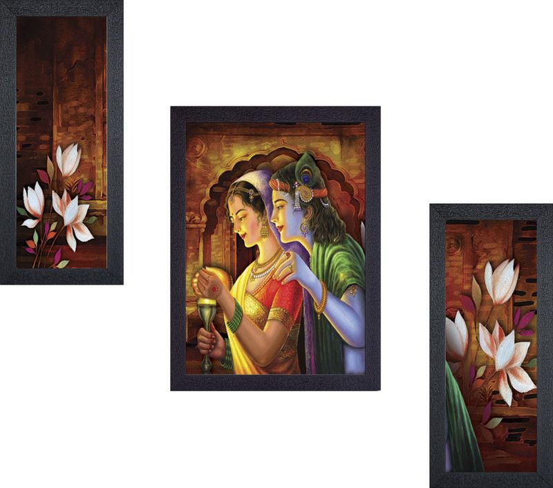 Masstone Radha Krishna UV Matt Textured Set of 3 Digital Reprint 13.5 inch x 22.5 inch Painting  (With Frame)