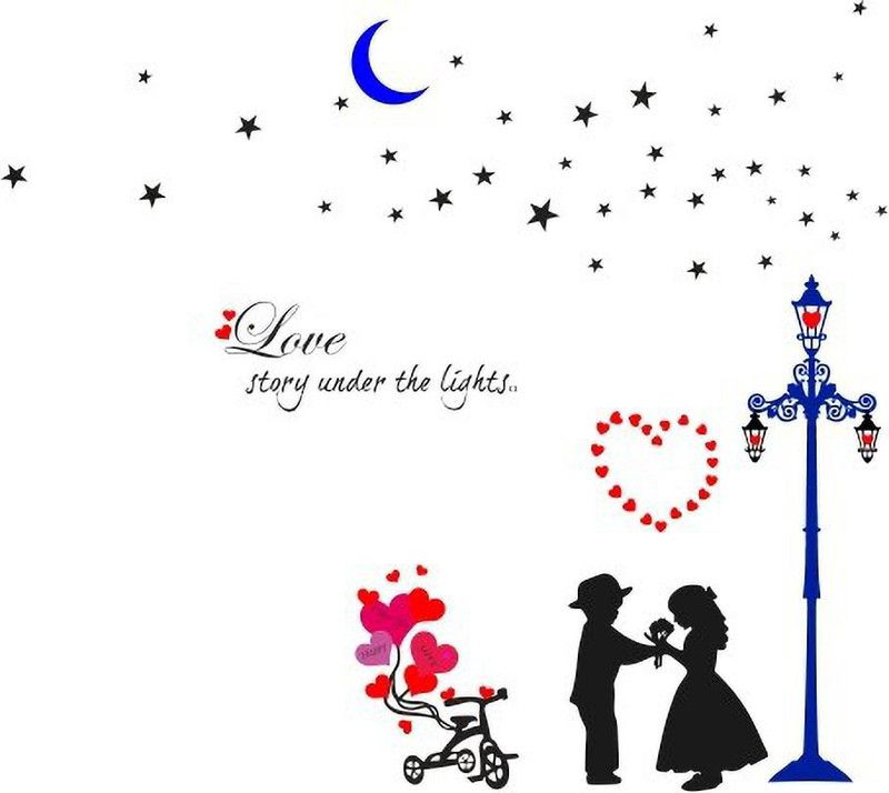 Burhani Decor 127 cm Couple love heart in street light with moon stars pvc vinyl multicolor decorative wall sticker for wall decoration size : 127 Cm X 143 Cm Self Adhesive Sticker  (Pack of 1)