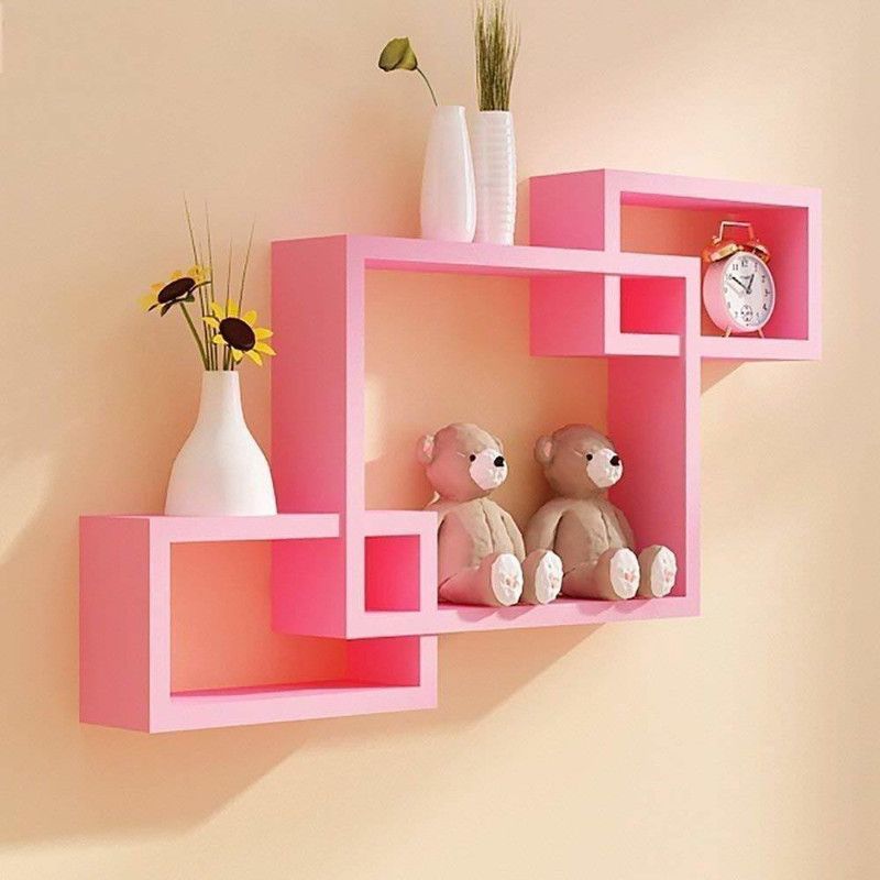 Explore Wood Craft Wooden Interlock Wall Shelf Wall Mount Wall Rack Floating Shelves for Home Decor MDF (Medium Density Fiber) Wall Shelf  (Number of Shelves - 3, Pink)