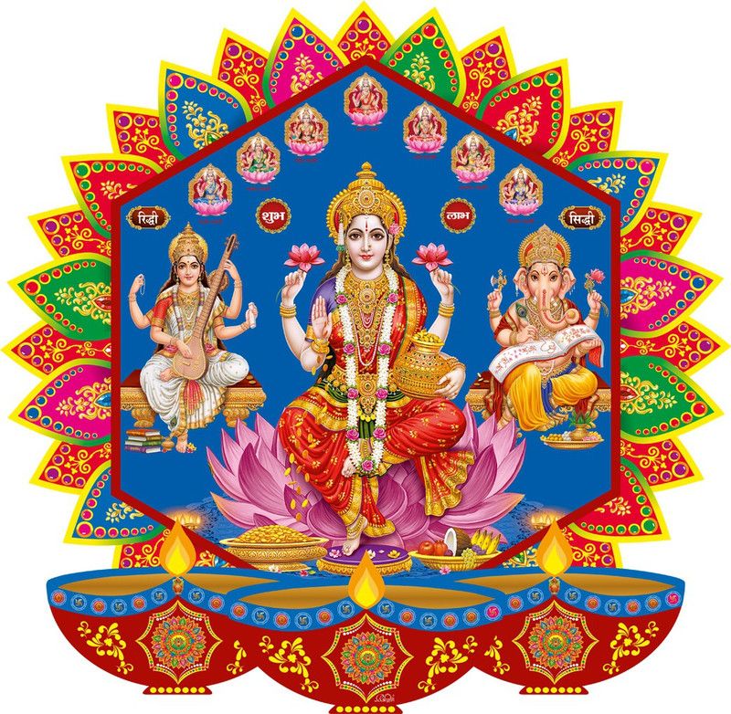 god & god's 41 cm Laxmi Ganesh & Saraswati Ji with Blue Background Self Adhesive Sticker  (Pack of 1)
