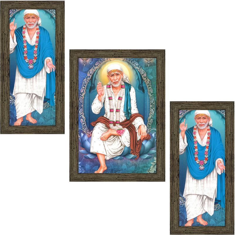 Indianara Set of 3 Sai Baba Paintings (1747EBY) Without Glass Digital Reprint 13 inch x 10.2 inch Painting  (With Frame, Pack of 3)