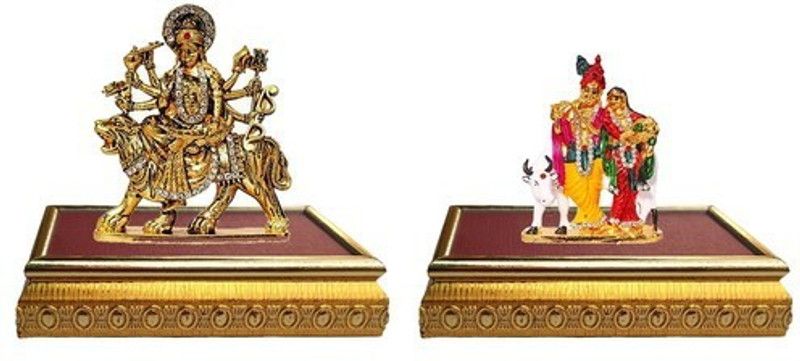 9facts Set of 2 with wooden base Goddess Durga Devi Statue & Lord Radha Krishna & Cow / Radhey Krishan Couple Idol God Statue Decorative Showpiece Decorative Showpiece - 10 cm  (Brass, Multicolor)