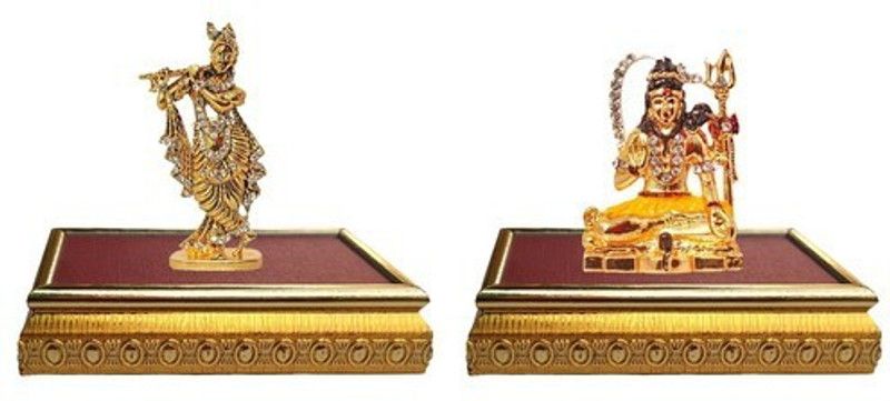 9facts Set of 2 with wooden base Lord Krishna Idol Krishan statue Showpiece& Lord Shiva / Shiv Shankar God Idol Home Décor Pooja Statue Gift Decorative Showpiece Decorative Showpiece - 7 cm  (Brass, Multicolor)