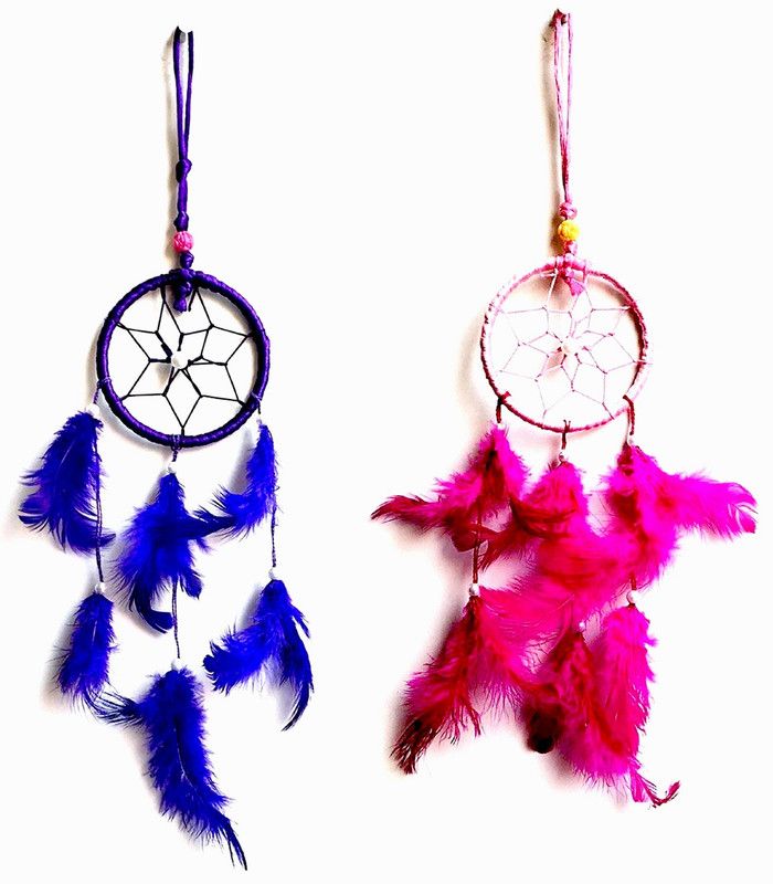 ME&YOU Handicraft Decorative Round shape Blue and Pink Dream Catcher Silk Dream Catcher  (14.5 inch, Blue, Pink)