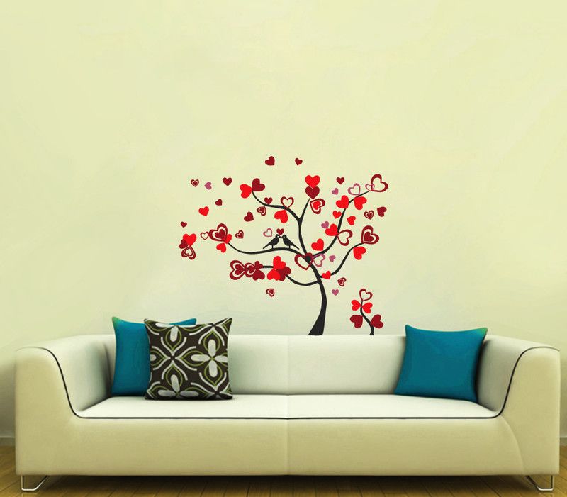 K2A Design 92 cm beautiful love bird and heart tree wall sticker ((79X92 cm) Self Adhesive Sticker  (Pack of 1)