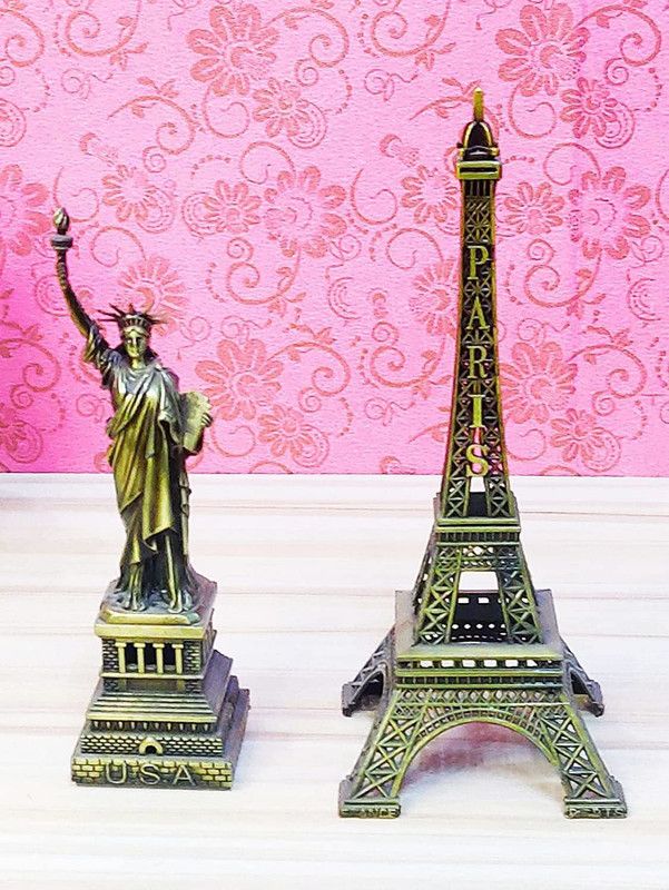 Style My Home Pack of 2 Statue of Liberty & Eiffel Tower Showpieces, Home Decor - Table Décor Decorative Showpiece - 18 cm  (Brass, Brown)