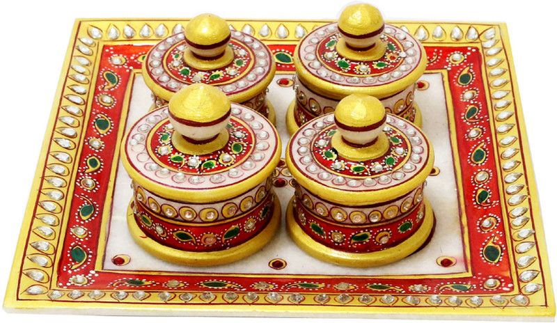 Euro Crystal lal sindur dani set 4 peace Decorative Showpiece - 6 cm  (Marble, Multicolor)