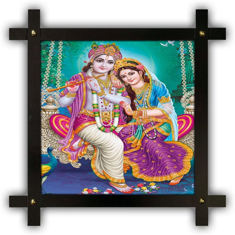 Poster N Frames Cross Wooden Frame Hand-Crafted with photo of Radha Krishna 14882 Digital Reprint 16.5 inch x 16.5 inch Painting  (With Frame)