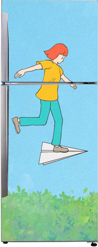 Advait Designs 60 cm Advait Designs Decorative abstract multicolor girl on the paper plane, and green leaves wallpaper sticker for fridge décor Self Adhesive Sticker  (Pack of 1)