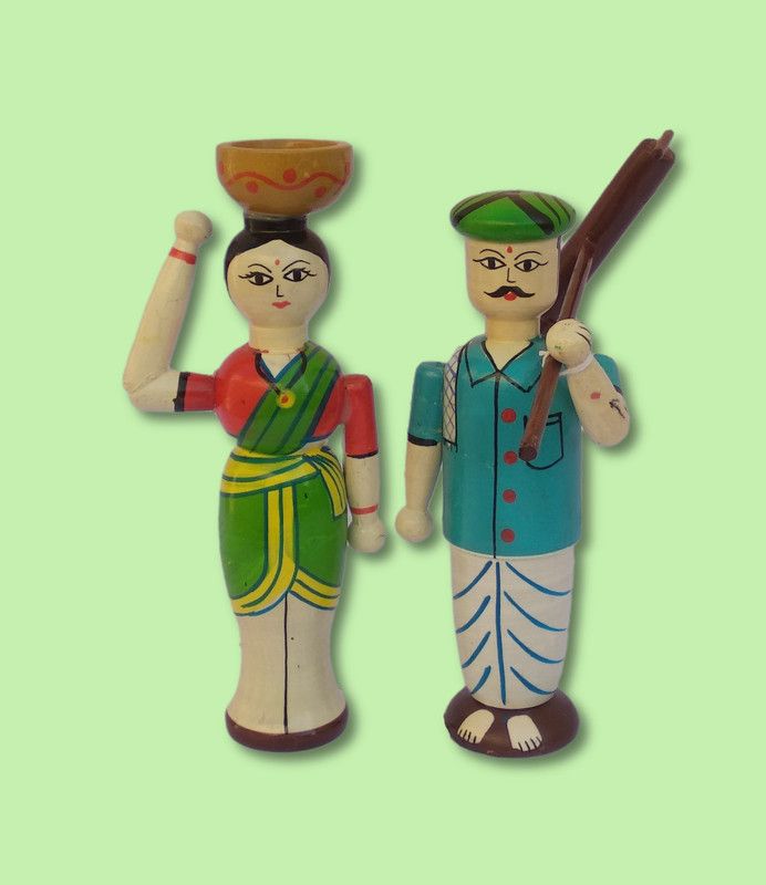 KOOLCRAFTS FARMER COUPLE DOLLS | GOLU | HANDICRAFT | WOOD | BRIGHT COLOURS | Made in INDIA Decorative Showpiece - 19 cm  (Wood, Light Blue)