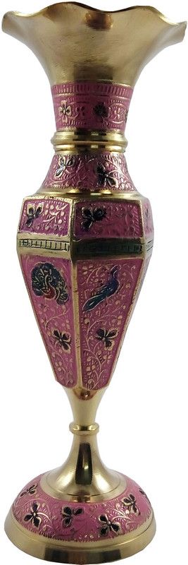 MOZO HUB Brass Pink Flower vase Hexagon pattern 25 cm Brass Vase  (10 inch, Pink)