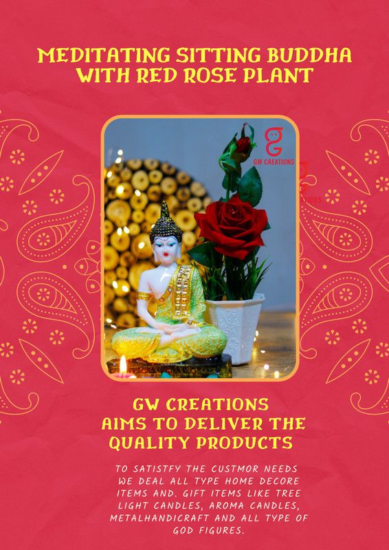 GW Creations Beautiful Meditating Lord Gautam Buddha With Red Rose Plant Decorative Showpiece - 23 cm  (Marble, White, Light Green)