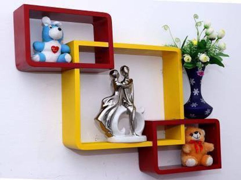 AN Craft Wall shelf intersecting shelves Set of 3 MDF MDF (Medium Density Fiber) Wall Shelf  (Number of Shelves - 3, Yellow, Red)