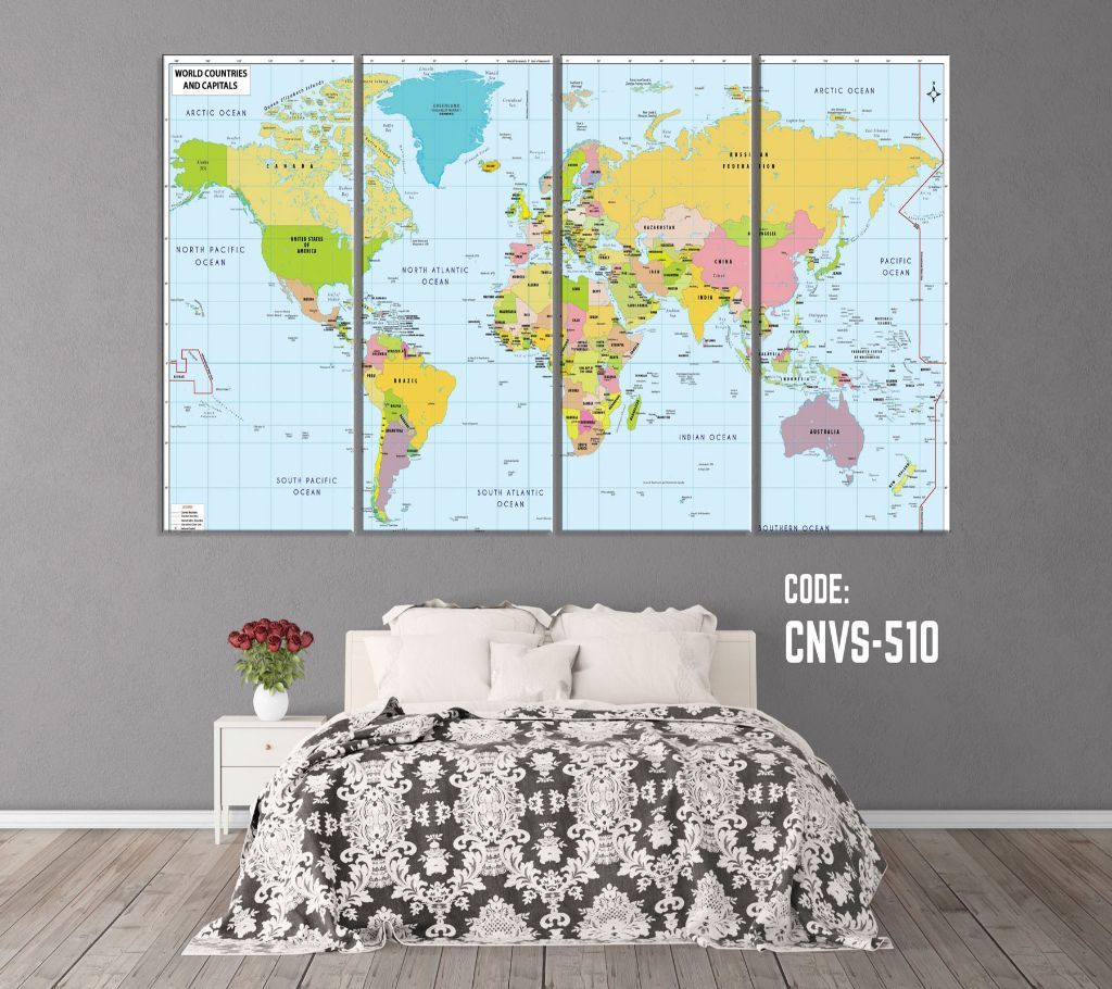 CNVS-510 World Map Political Country Wall Canvas Art Prints 48 inch x 24 inch