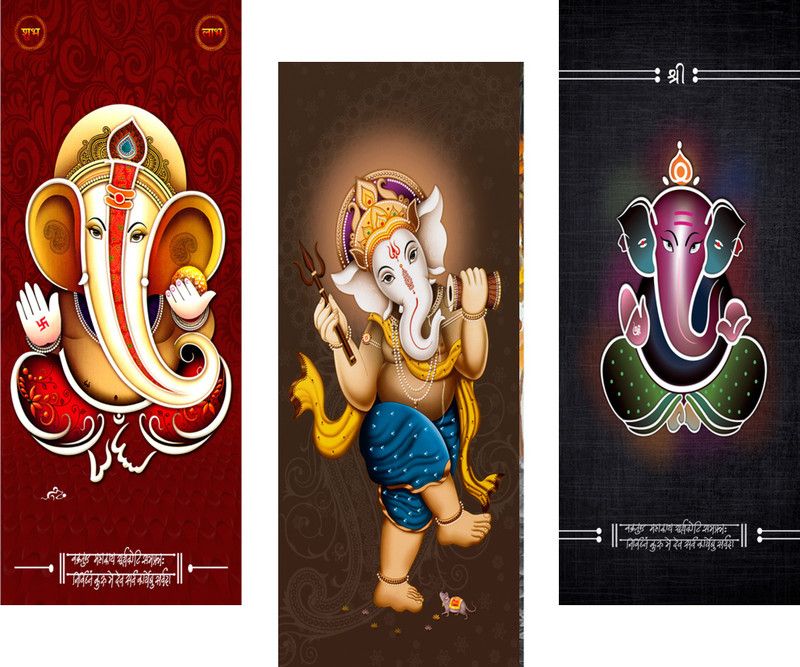 Masstone Lord Ganesha 3 Piece MDF Painting Digital Reprint 15 inch x 18 inch Painting  (With Frame, Pack of 3)
