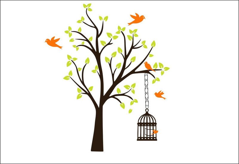 Sahaj Décor 91 cm Browen Tree Green Leaves And Orange Color Bard Cage Creative Sticker Self Adhesive Sticker  (Pack of 1)