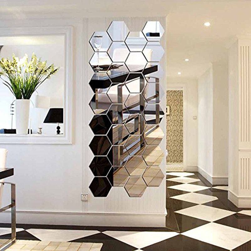 Atulyaarts 114 cm HEXAGON Silver (Pack of 28) 3D Mirror 3D Acrylic Wall sticker Self Adhesive Sticker  (Pack of 1)