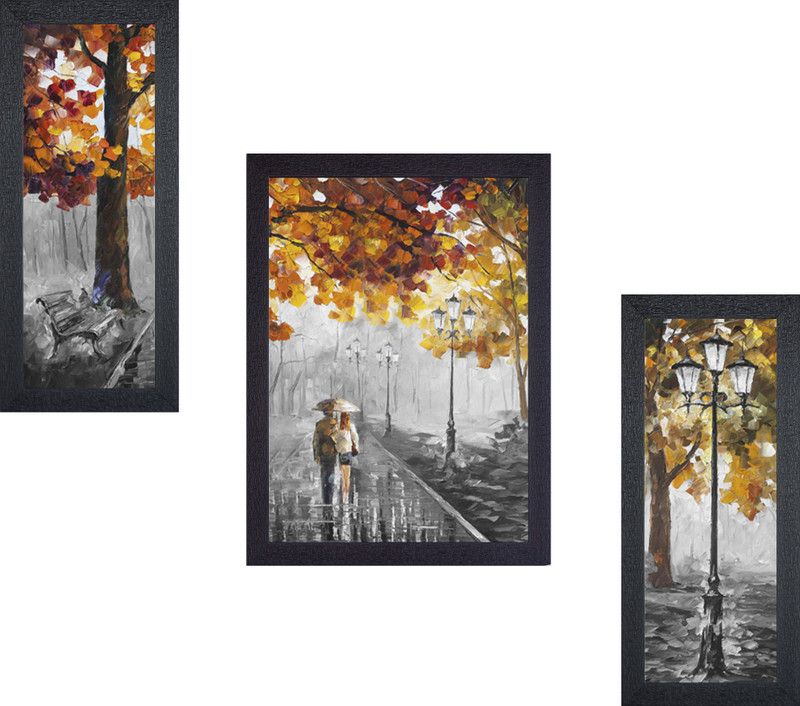 Masstone Romantic Couple Street View Modern Art UV Matt Textured Set of 3 Digital Reprint 13.5 inch x 22.5 inch Painting  (With Frame)