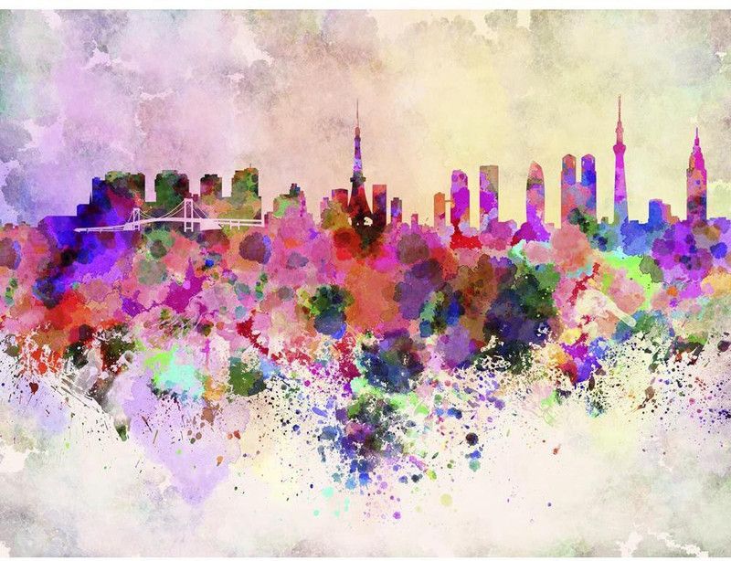 Artzfolio 182.88 cm Tokyo, Japan Skyline In Watercolor Peel & Stick Vinyl Wall Sticker 72inch x 54inch (182.9cms x 137.2cms) Self Adhesive Sticker  (Pack of 1)