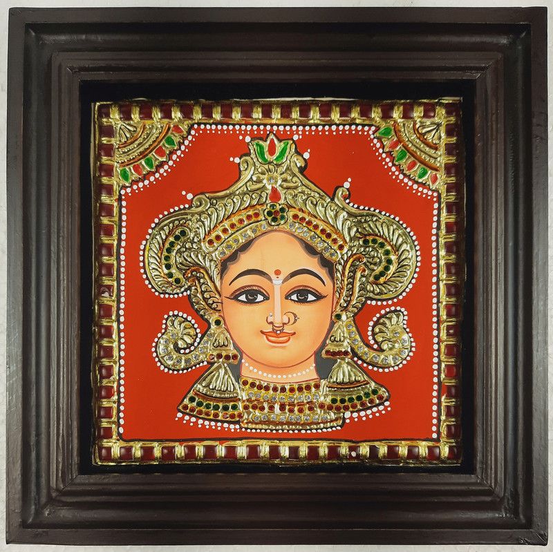 JlineArts Durga Devi Tanjore Painting, Traditional Art Work Canvas 11 inch x 11 inch Painting  (With Frame)