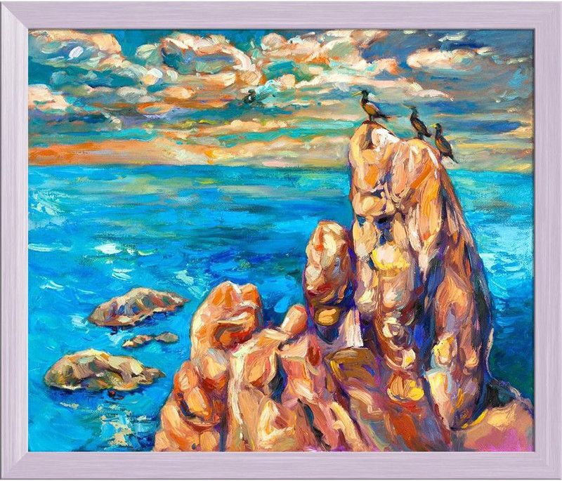 Artwork Of Ocean Cliffs & Birds Canvas Painting White Frame 23.8x20inch Canvas 20 inch x 23.8 inch Painting