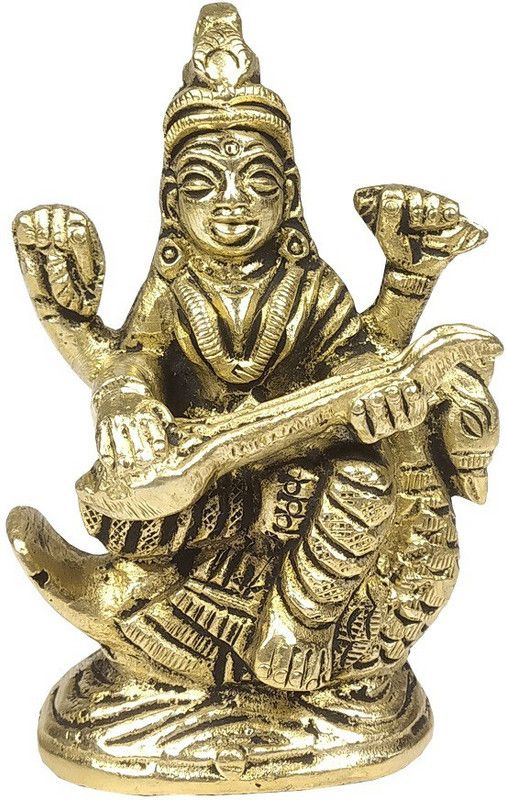 Utkarsh Gold Plated Brass Indian Cultural Religious Lord Saraswati Mata Sculpture Statue for Home/office Temple Puja and Gift Purpose Decorative Showpiece - 6.5 cm  (Brass, Gold)