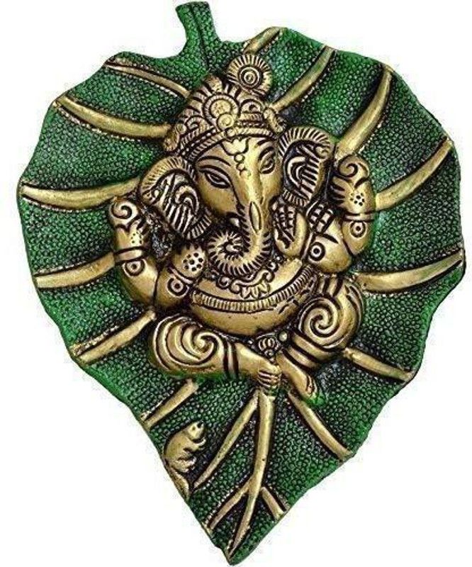 Rabarikaa Metal Design Lord Ganesha on Leaf Patta Wall Hanging Showpiece for Home Decor Decorative Showpiece - 18 cm  (Brass, Brown)