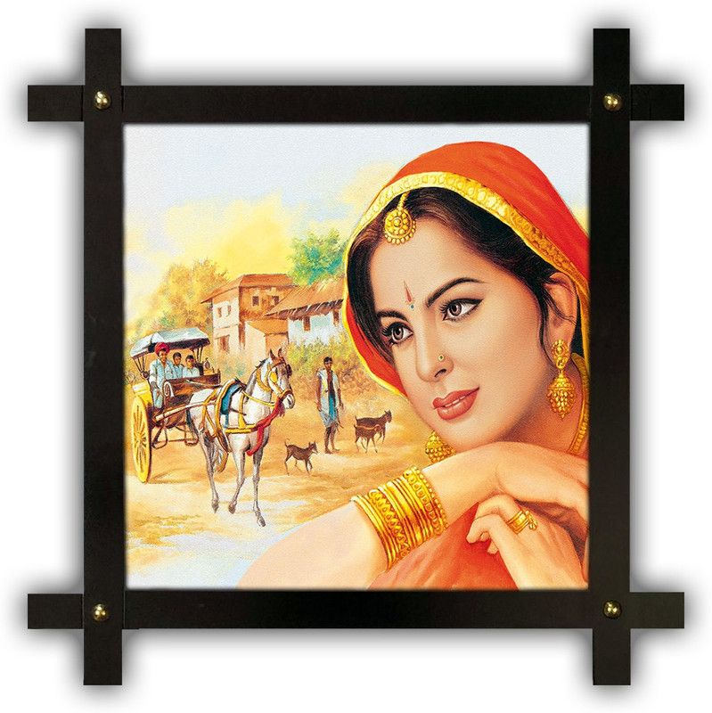 Poster N Frames Cross Wooden Frame Hand-Crafted with photo of Rajasthani Art m-25-12x12-crossframe Digital Reprint 16.5 inch x 16.5 inch Painting  (With Frame)