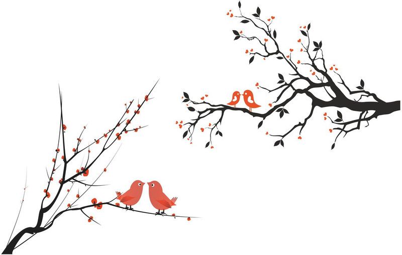 skgraphics 60 cm Plum blossom with birds wall sticker Self Adhesive Sticker  (Pack of 2)