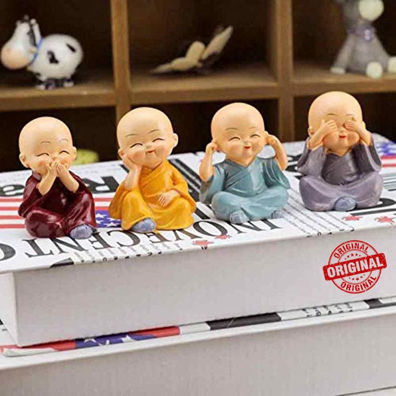 Pseudo Handicraft Showpiece for Table, office Decor,Small Statue of 4 Baby Monk Buddha Decorative Showpiece - 5 cm  (Polyresin, Multicolor)
