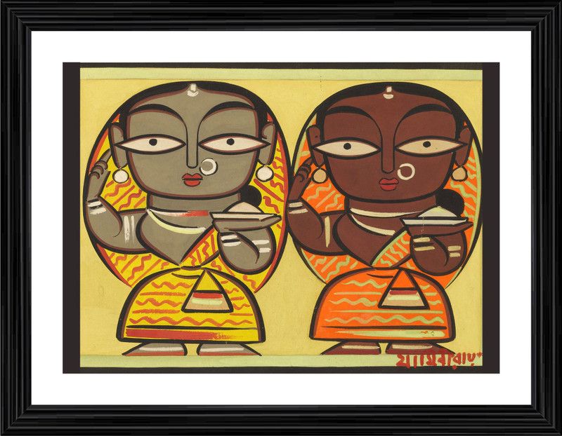 DecorAdventures *Two Worshiping Women* by Jamini Roy. Matt Satin Digital Reprint 16 inch x 21 inch Painting  (With Frame)