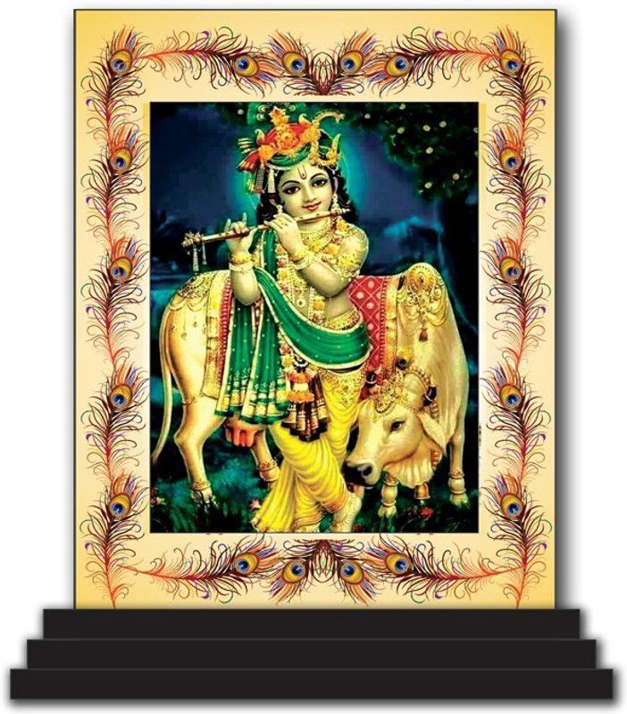 Vprint Cow Krishna Car Dashboard idols Figurine Showpiece Decorative Showpiece - 12 cm  (Wood, Gold)