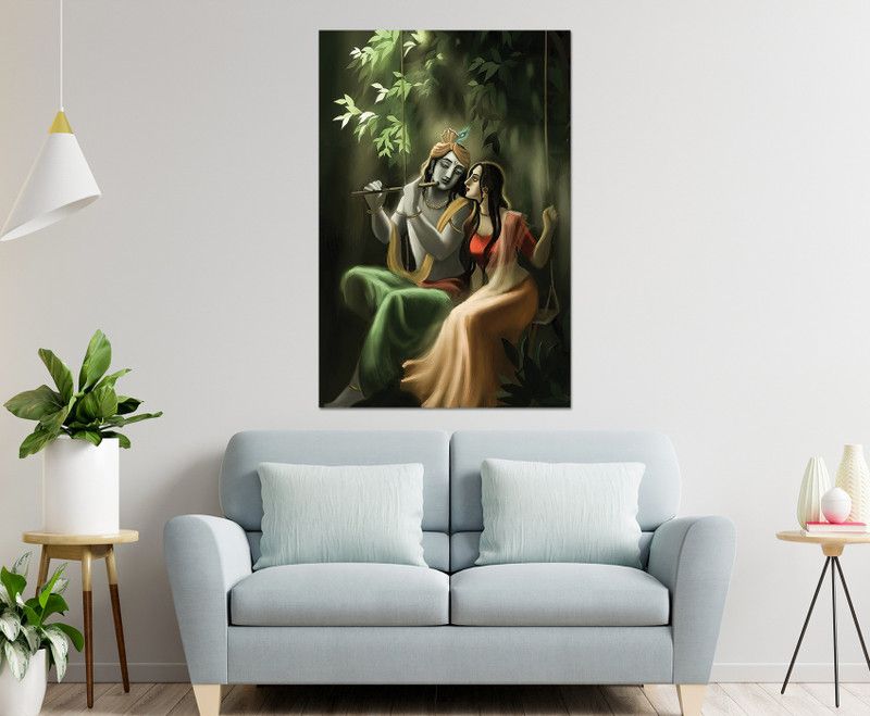 Masstone Radha Krishna with Flute Religious Sparkle Coated Self Adhesive Painting Without Frame Digital Reprint 36 inch x 24 inch Painting  (Without Frame)