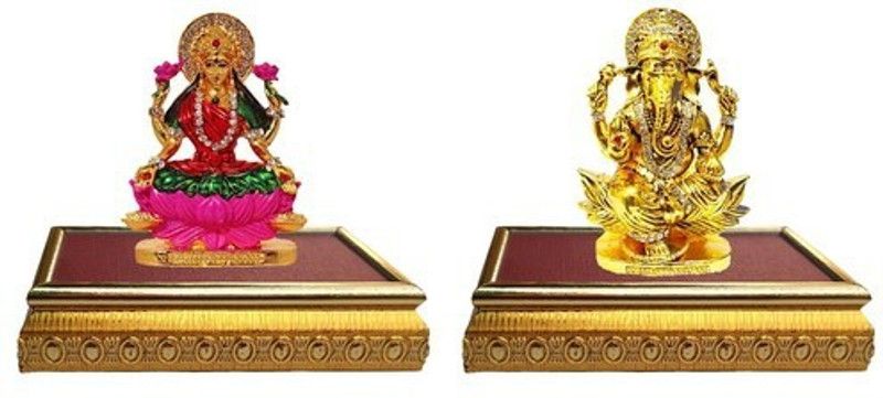 BEI Set of 2 with wooden base Goddess lakshmi Idol God Statue & God Ganesh / Ganpati / Lord Ganesha Idol - Statue Gift item Decorative Showpiece Decorative Showpiece - 10 cm  (Brass, Multicolor)