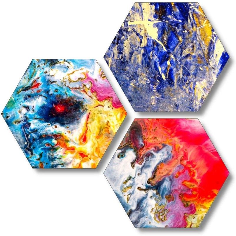 ARTUP Medium Abstract Painting Hexagon MDF Wall Decor For Living Room Digital Reprint 21 inch x 21 inch Painting  (With Frame, Pack of 3)