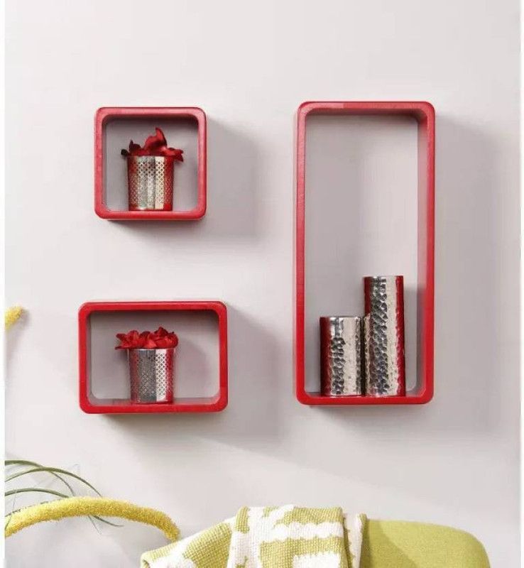 KraftStics Wall Decorative Rack Wooden Wall Shelf (Number of Shelves - 3 Red) Wooden Wall Shelf  (Number of Shelves - 3, Red)