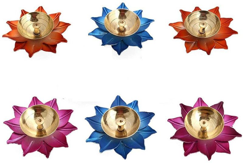 Ritz Brass Lotus Diya for Puja Kamal Patti Flower Shaped Brass Diyas Oil Lamp for Pooja Room aarti Temple mandir Home Decoration & Gift Purposes (Big Lotus Brass Metal Diya Brass (Pack of 6) Table Diya Set  (Height: 1 inch)
