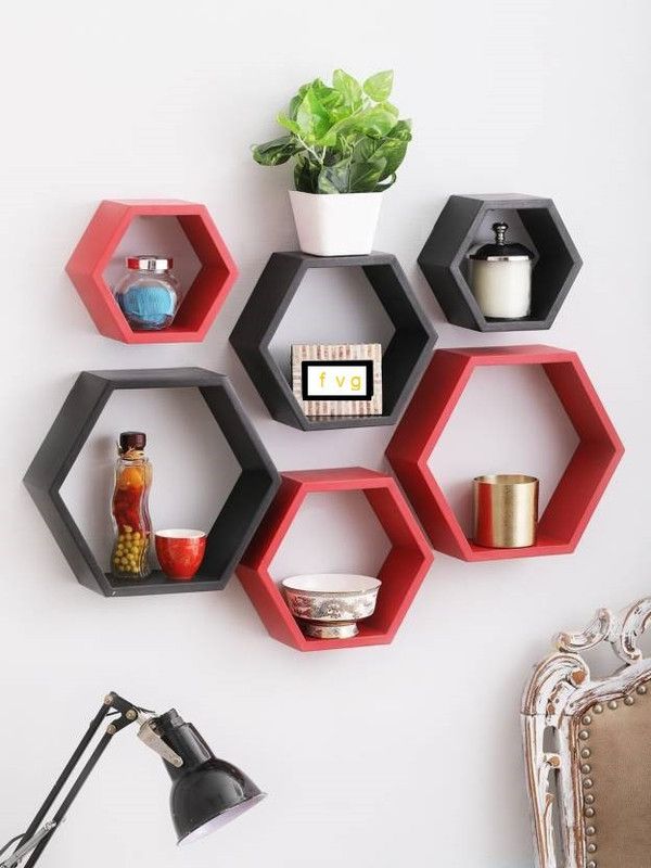 monisarfat MDF (Medium Density Fiber) Wall Shelf  (Number of Shelves - 6, Red, Grey)