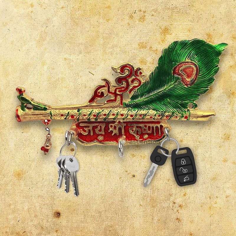 Ascension Krishna basuri Mor Pankhi Peacock Painting Key Hanger Holder Stand Wall Hanging for Home Decor Keychain Holder,Temple,Event Decoration (Multicolour) Decorative Showpiece - 12.5 cm  (Metal, Multicolor)