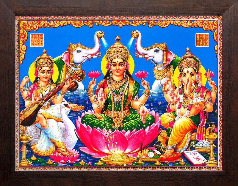 Artisan Cart Goddess Lakshmi, Saraswati & Lord Ganesha, HD Printed Picture with Frame. Digital Reprint 9 inch x 7 inch Painting  (With Frame)