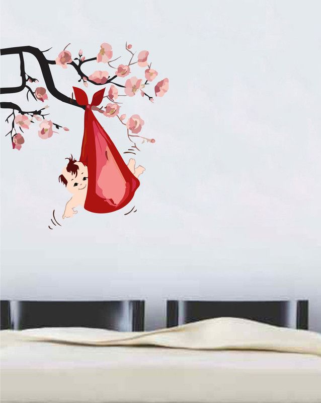Kanha Enterprises 91 cm Baby hanging on tree branch pvc vinyl multicolor decorative wall sticker for wall decoration size : 91 Cm X 82 Cm Self Adhesive Sticker  (Pack of 1)